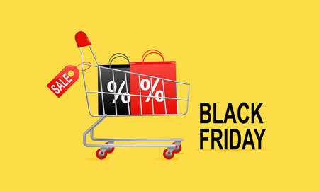 Black friday offers sale with shopping cart banner with discount details backgroundのイラスト素材