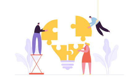 Business teamwork with pieces of puzzle in office. Connecting with puzzle elements vector illustration flat design styleのイラスト素材