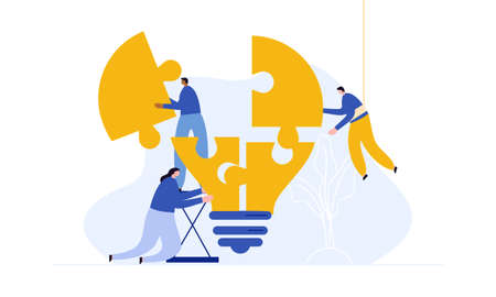 Business teamwork with pieces of puzzle in office. Connecting with puzzle elements vector illustration flat design styleのイラスト素材