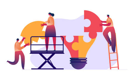 Business teamwork with pieces of puzzle in office. Connecting with puzzle elements vector illustration flat design styleのイラスト素材