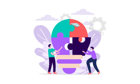 Business teamwork with pieces of puzzle in office. Connecting with puzzle elements vector illustration flat design styleのイラスト素材