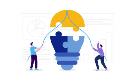 Business teamwork with pieces of puzzle in office. Connecting with puzzle elements vector illustration flat design styleのイラスト素材