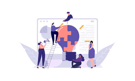 Business teamwork with pieces of puzzle in office. Connecting with puzzle elements vector illustration flat design styleのイラスト素材