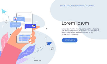 Flat design hand holding mobile phone with online messages illustrationのイラスト素材