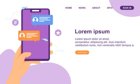 Flat design hand holding mobile phone with online messages illustrationのイラスト素材