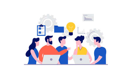 Business meeting and discussion with teamwork illustration. businessman and woman talk with goal idea for success. Vector illustration.のイラスト素材