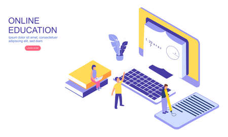 Student character study at computer, flat isometric concept.のイラスト素材