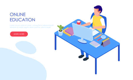 Student character study at computer, flat isometric concept.のイラスト素材