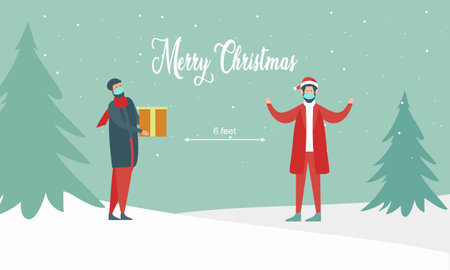 Santa claus and social distancing infographic with cute christmas cartoon. corona virus safety tips. merry christmasのイラスト素材