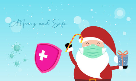 Santa claus and social distancing infographic with cute christmas cartoon. corona virus safety tips. merry christmasのイラスト素材