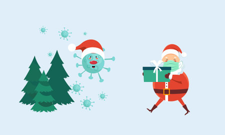 Santa claus and social distancing infographic with cute christmas cartoon. corona virus safety tips. merry christmasのイラスト素材