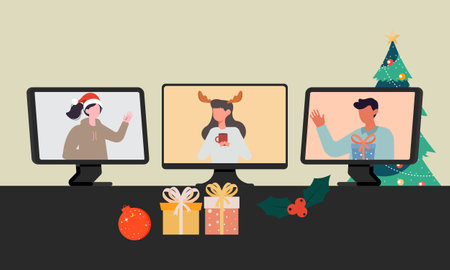 Online christmas celebration with a video call illustrationのイラスト素材