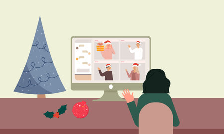 Online christmas celebration with a video call illustrationのイラスト素材