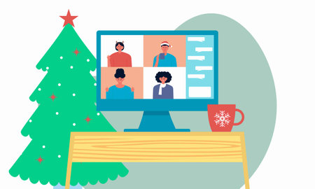 Online christmas celebration with a video call illustrationのイラスト素材