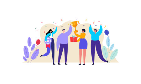 Team of happy employees winning award and celebrating success.  Illustration for reward, prize, championsのイラスト素材