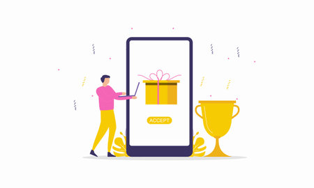 Team of happy employees winning award and celebrating success.  Illustration for reward, prize, championsのイラスト素材