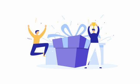 Team of happy employees winning award and celebrating success.  Illustration for reward, prize, championsのイラスト素材