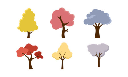 Collection of trees illustrations. Green tree fertile a variety of forms on the white backgroundのイラスト素材