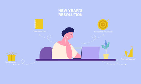 New years resolution and goals infographic. Young woman with pen writes goals and resolutions for new yearのイラスト素材