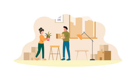 Young couple setting up home illustration. Living room interiorのイラスト素材