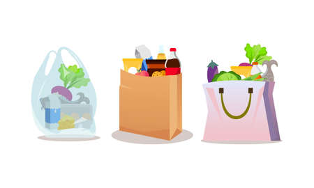 Grocery bags set. plastic and paper packages, supermarket basket with food packs, cans, bread, milkのイラスト素材