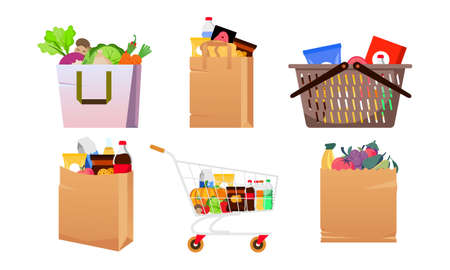 Grocery bags set. plastic and paper packages, supermarket basket with food packs, cans, bread, milkのイラスト素材