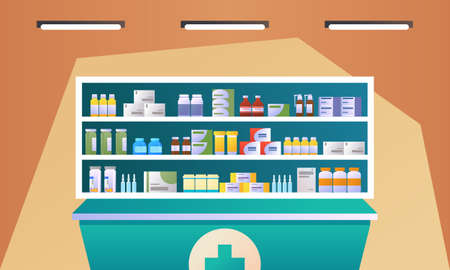 Pharmacy interior with counter and drug on shelves illustrationのイラスト素材