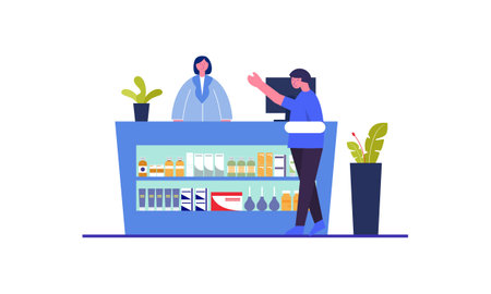 Modern pharmacy interior with visitors set. client order and buy medicaments and drugs. healthcare and medical treatment conceptのイラスト素材