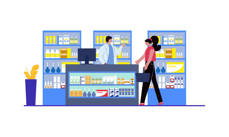 Modern pharmacy interior with visitors set. client order and buy medicaments and drugs. healthcare and medical treatment conceptのイラスト素材