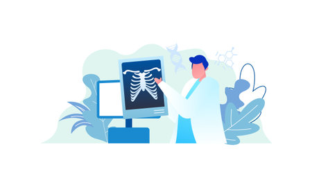 Radiologist concept illustration. Doctor examine x-ray image of human body with computed tomography, mri and ultrasound.のイラスト素材