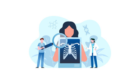 Radiologist concept illustration. Doctor examine x-ray image of human body with computed tomography, mri and ultrasound.のイラスト素材