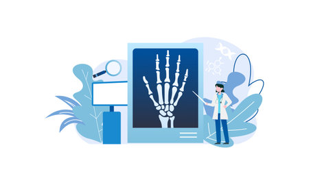 Radiologist concept illustration. Doctor examine x-ray image of human body with computed tomography, mri and ultrasound.のイラスト素材
