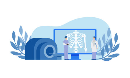 Radiologist concept illustration. Doctor examine x-ray image of human body with computed tomography, mri and ultrasound.のイラスト素材