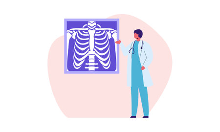 Radiologist concept illustration. Doctor examine x-ray image of human body with computed tomography, mri and ultrasound.のイラスト素材