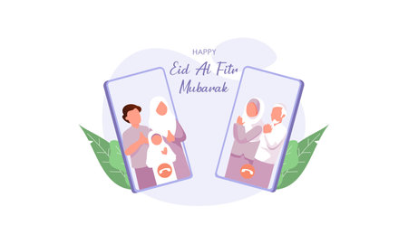 Islamic people greeting with teleconference in eid fitr ramadan illustration