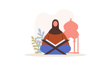 Islamic people reading a quran holy book illustrationのイラスト素材