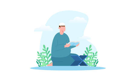 Islamic people reading a quran holy book illustrationのイラスト素材