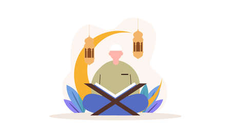 Islamic people reading a quran holy book illustrationのイラスト素材