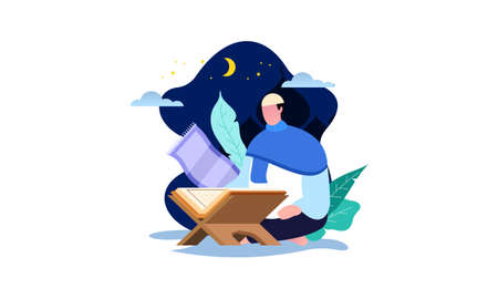 Islamic people reading a quran holy book illustrationのイラスト素材