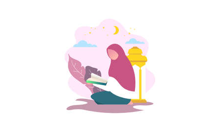 Islamic people reading a quran holy book illustrationのイラスト素材