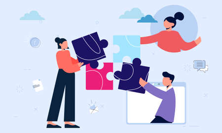 Work team joining puzzle pieces, brainstorming, collaboration, partnership conceptのイラスト素材