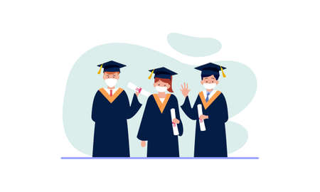 People graduates wearing medical masks illustrationのイラスト素材