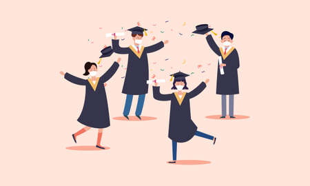 People graduates wearing medical masks illustrationのイラスト素材