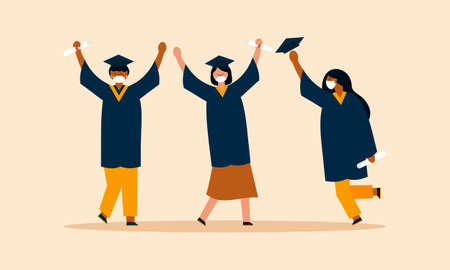 People graduates wearing medical masks illustrationのイラスト素材