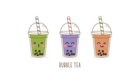 Cute boba milk tea cartoon characters setのイラスト素材