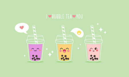 Cute boba milk tea cartoon characters setのイラスト素材
