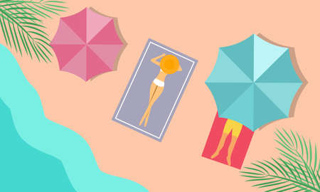 Summer beach illustration, sunbathing on the beach