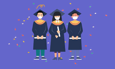 People graduates wearing medical masks illustrationのイラスト素材