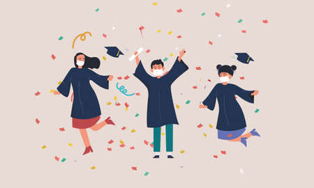 People graduates wearing medical masks illustrationのイラスト素材