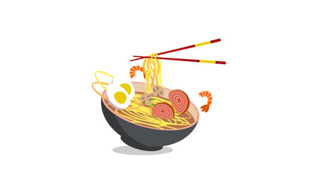 Japanese ramen on a bowl, noodle soup in chinese bowl asian food illustrationのイラスト素材